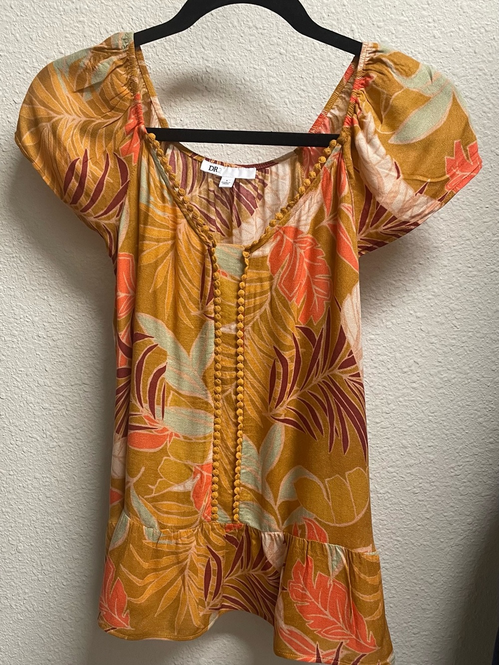 DR2 Mustard Tropical Print Puff Sleeve Blouse with Coral & Sage Leaves